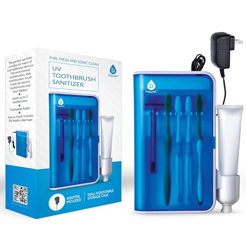 Pursonic UV Toothbrush Sanitizer Holder Wall Mounted - 5 Slots Toothbrush Holders for Bathrooms with Toothpaste Holder - No-Drill Toothbrush Holder Fits Electric Toothbrush Heads