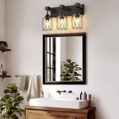 Bathroom Light Fixtures,Farmhouse Black Metal with Glass Shade | 3 Light Rustic Vanity Lights, Wood Accent Wire Cage Design, Mounts Over Mirror, Ideal for Bedroom & Hallway,Easy to Install - size: 3-Light