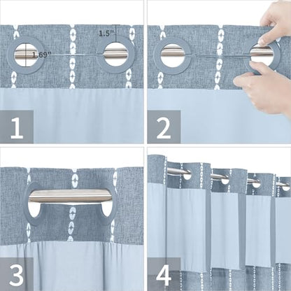 eachope No Hook Extra Long Shower Curtain Set with Snap-in Liner,Linen Textured Thick Striped Fabric with Tassels,Boho Chic Modern Farmhouse Bathroom Curtain,Water-Repellent,Blue,71x86 | 230GSM Thick Fabric,Hotel Luxury Decor,Mesh Top Window,Magnetic Weig