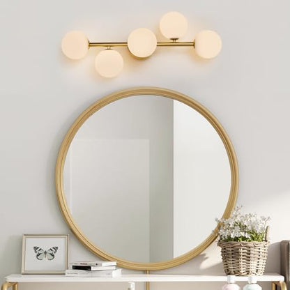Modern Bathroom Vanity Light Fixtures,LED Brushed Gold Wall Sconce Lighting | 5 Lights Milk Glass Globe Vanity Light,Brushed Gold Bathroom Vanity Light,Dimmable Brass Mid Century Wall Sconces over Mirror - color: Gold Milk Glass, size: Integrated LED