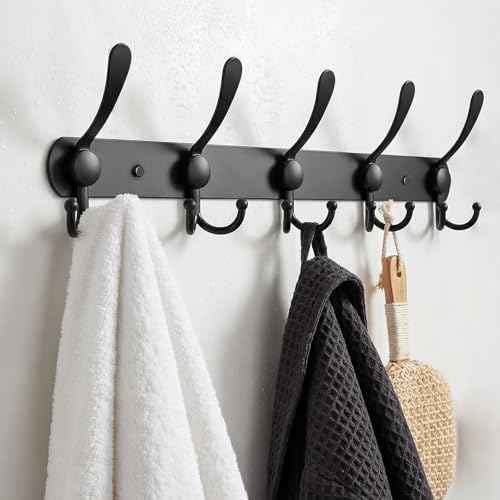 YUNISS Coat Rack Wall Mounted，5 Tri Stainless Steel Coat Hook for Coat Hat Robes Towel in Mudroom Entryway (Black, 1 Pack 5 Hook) - color: Black, size: 1 Pack 5 Hook