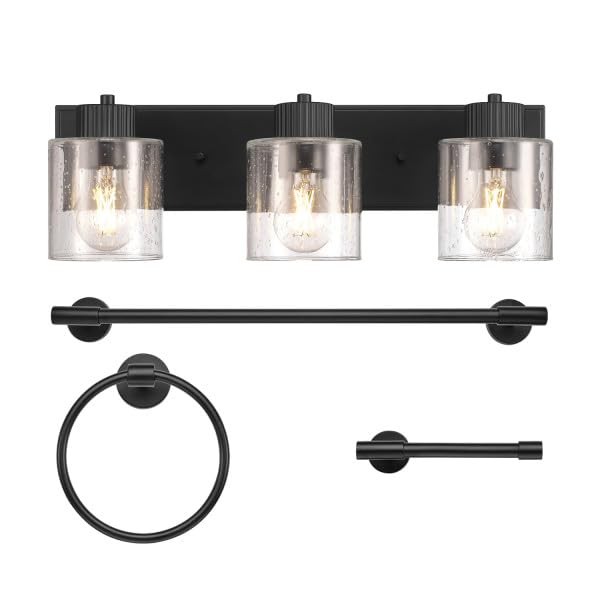 Globe Electric 4-Piece All-in-One Bathroom Set, Matte Black, 3-Light Vanity Light with Seeded Glass Shades, Towel Bar, Toilet Paper Holder, Towel Ring - color: Pale Pink