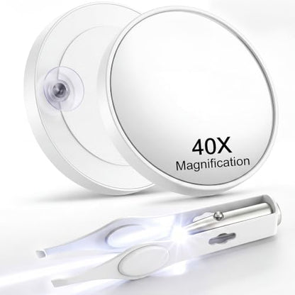LED Lighted Tweezers & 40X Magnifying Mirror with Suction Cup Set, 2 in 1 No-Hands Makeup Mirror with Light and Precision Light Up Tweezers (White) - color: White