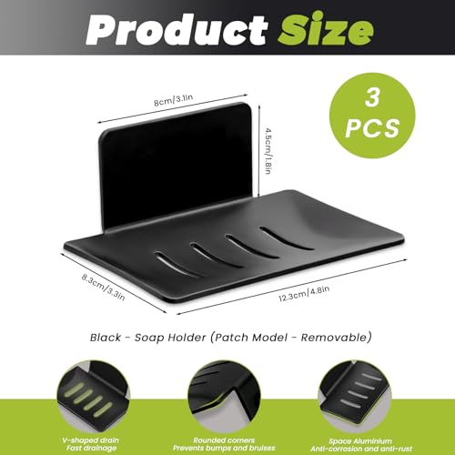 Huakaile 3 Pieces Black Self-Adhesive Bar Soap Holder for Shower & Sink, Removable Space Aluminium Wall Mounted Soap Dish Tray for Bathroom Tub Kitchen Sink No Drilled (Black) - color: Black