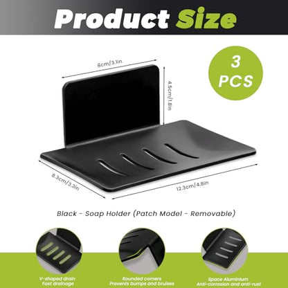 Huakaile 3 Pieces Black Self-Adhesive Bar Soap Holder for Shower & Sink, Removable Space Aluminium Wall Mounted Soap Dish Tray for Bathroom Tub Kitchen Sink No Drilled (Black) - color: Black