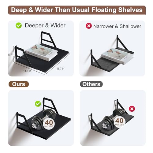 Tectocker-DOU 2 Pc Deep Floating Wall Shelves, Heavy Duty, 15.7×11.8, Black | Easy Install, All Hardware Included. Holds 40 Lbs. Easy-Clean. For Living Room, Kitchen, Bathroom, Bedroom, Office. - color: Black, size: 15.7W×11.8D