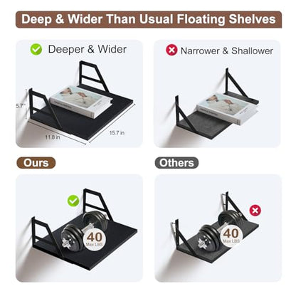 Tectocker-DOU 2 Pc Deep Floating Wall Shelves, Heavy Duty, 15.7×11.8, Black | Easy Install, All Hardware Included. Holds 40 Lbs. Easy-Clean. For Living Room, Kitchen, Bathroom, Bedroom, Office. - color: Black, size: 15.7W×11.8D