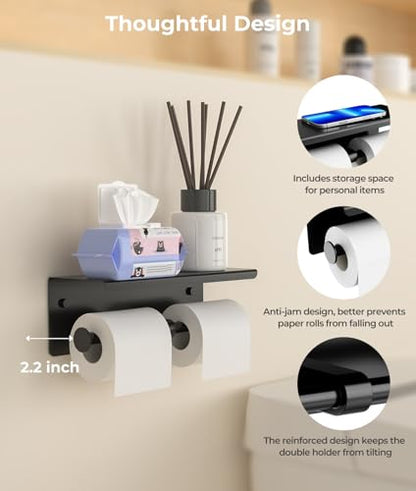 Double Toilet Paper Holder with Shelf, Wall Mount Tissue Roll Holder for Bathroom, 304 Stainless Steel Commercial Toilet Paper Dispenser with Phone Shelf, Matte Black - color: Black