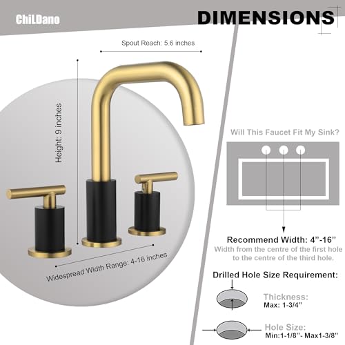 ChiLDano 8 inch Widespread Bathroom Faucet with Drain and Supply Hose | Black and Gold Bathroom Faucet for Sink 3 Hole , 2 Handle Bathroom Sink Faucet CH3166BGB - color: Black & Gold