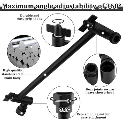 Rain Shower Head Extension 12 Inch Adjustable Rain Shower Head Extension Arm Stainless Steel Shower Head Holder G1/2 Universal Connector Compatible(Matte Black) - color: Matte Black