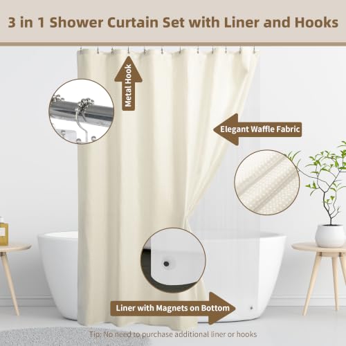 Siiluminisoy Shower Curtain and Liner Set, Waffle Shower Curtain Set with 12 Stainless Steel Hooks, Waterproof Luxury Fabric Shower Curtains for Bathroom and Hotel, Cream, 72" W x 84" H - color: Cream, size: 72"W x 84"L (Pack of 1)