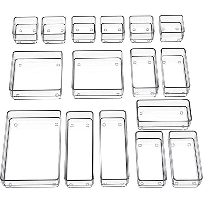 SMARTAKE 16 PCS Drawer Organizer, 5-Size Desk Bathroom Drawer Organizer | 5-Size Storage Tray with Non-Slip Silicone Pads for Makeup, Jewelries, Utensils in Bedroom Dresser, Office and Kitchen, Clear - size: Medium