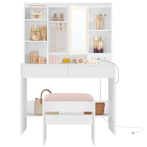 VASAGLE KAILYN Collection - Vanity Desk with Power Outlets, Makeup Vanity with Mirror and Lights, Upholstered Vanity Stool, LED Lights, 6 Compartments, 2 Drawers, for Bedroom, Cloud White URDT031W01 - style: 35.4"W 2 Drawers Vanity Set - Cloud White
