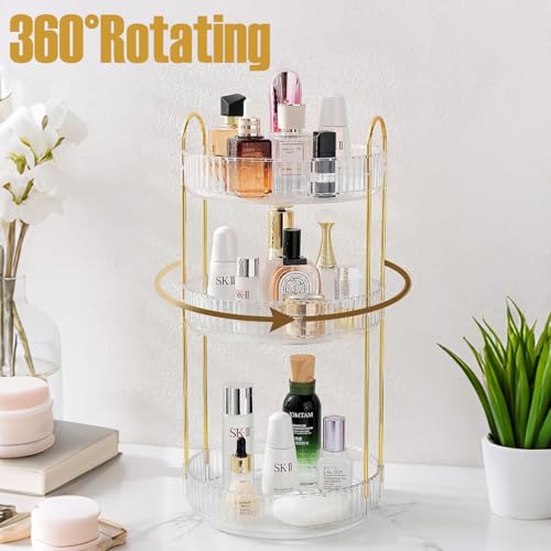 360° Rotating Makeup Organizer, 3 Tier Large Bathroom Makeup Organizers for Vanity, Clear Large Capacity Cosmetic Holder Perfume Storage Shelf