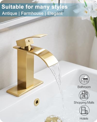Gold Bathroom Faucet Waterfall, Brass Bathroom Faucets Single Hole or 3 Hole 4 Inch, Single Handle Bathroom Sink Faucet with Deck Plate & Drain - color: Brushed Gold - Elegant
