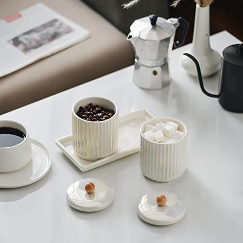 Ceramic Bathroom Canister Set with Coordinating Small Vanity Tray White | Qtip Holder Dispenser for Cotton Ball ,Swab,Pads , Floss, Bathroom Storage Jars with Lids White Small Tray