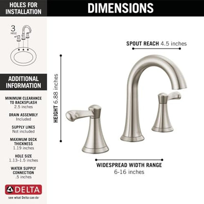 Delta Faucet Esato Widespread Bathroom Faucet Brushed Nickel, Bathroom Faucet 3 Hole, Bathroom Sink Faucet, Drain Assembly, SpotShield Brushed Nickel 35897LF-SP - color: Spotshield Brushed Nickel