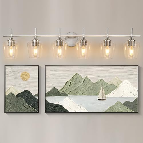 foucasal Vanity Light for Bathroom, 6-Light Brushed Nickel Modern | Bathroom Vanity Lighting Over Mirror with Win Glass Clear Shade, Wall Lamp for Bedroom Hallway Living Room - color: Nickel & Clear E26, size: 6-light