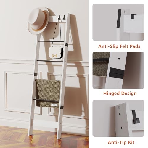 TRIFEBLE 6 Tier Blanket Ladder Shelf for Living Room and Bedroom, Ladder Holder with 4 Metal Hooks, 5.2ft Blanket Quilt Holder Rack, Farmhouse Ladder Rack for Storage and Home Decor, White