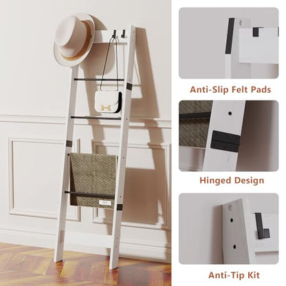 TRIFEBLE 6 Tier Blanket Ladder Shelf for Living Room and Bedroom, Ladder Holder with 4 Metal Hooks, 5.2ft Blanket Quilt Holder Rack, Farmhouse Ladder Rack for Storage and Home Decor, White