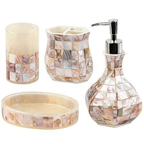 Milano Mother of Pearl 4 Piece Resin Bathroom Accessories Set | Includes Soap Dispenser, Toothbrush Holder, Tumbler Cup & Soap Dish - style: 4 Pc. Bathroom Accessory Set