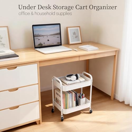 Under Desk Storage Cart 2 Tier Utility Rolling Cart with Wheels, Small Metal Mobile Trolley with Handle Two Tiered Utility Organizer Roller for Kitchen Office Bathroom Pantry Room, White - color: White