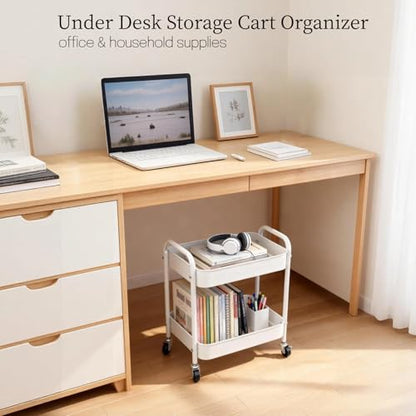 Under Desk Storage Cart 2 Tier Utility Rolling Cart with Wheels, Small Metal Mobile Trolley with Handle Two Tiered Utility Organizer Roller for Kitchen Office Bathroom Pantry Room, White - color: White