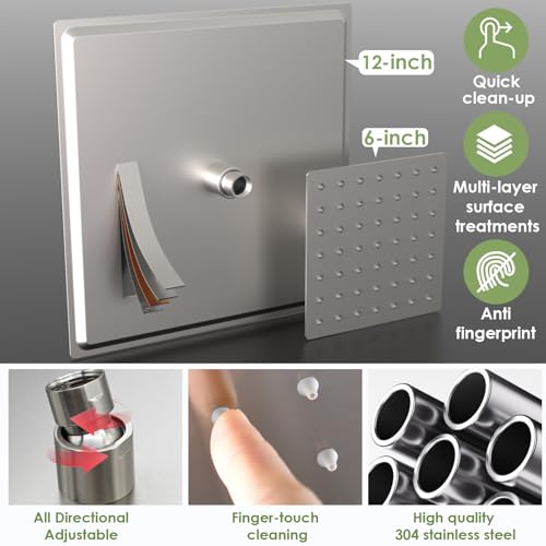Enga Thermostatic Dual Shower System, 12"+6" Wall Mount Dual Rain Shower Faucet, All Functions Use Together & Volume Adjustable, Brushed Nickel - color: Brushed Nickel, style: ‎12"+6" Head