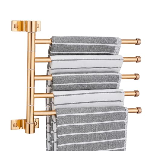 ZHOUXIAO Modern Swing Out Towel Bar Holder with Hooks for Bathroom and Kitchen/Gold Swivel Multiple Towel Rack, Towel Bar Folding Arm Swivel Hanger Bathroom Storage Wall Mou 5Bars