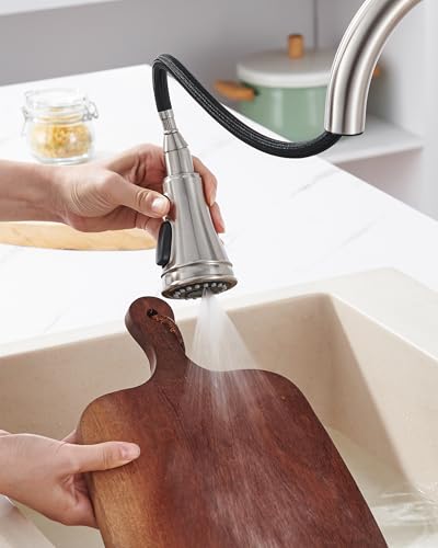 Kitchen Faucet Spray Head Replacement with 15 Adapters, Brushed Nickel | Pull Down Faucet Sprayer Head, 3 Functions Stream/Spray/Blade, Easy to Install, Removable Aerator, for Kitchen Sink Faucet - color: Brushed Nickel