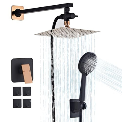 Shower Head 8'' High Pressure Rainfall, Handheld Shower Combo with 11'' Extension Arm, 5 Spray, Anti-leak Luxury Premium Quality, Rainfall Shower Head with Handheld Spray Combo, Rose Gold - color: Rose Gold, size: 8in