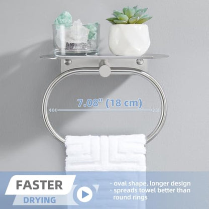 Suyar Bathroom Towel Ring with Shelf, Oval Hand Towel Holder Brushed Nickel | SUS304 Stainless Steel, 2-in-1 Space-Saving Design, Versatile Top Shelf for Small Plants Toiletries Soap Phones, Wall Mounted - color: Brushed Nickel