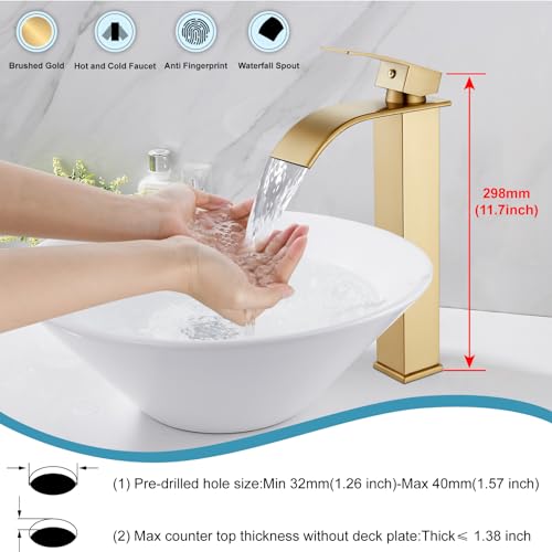Midanya Waterfall Tall Bathroom Vessel Sink Faucet,Brushed Gold | with 24” cUPC Water Hoses,Pop Up Drain without Overflow,for 1 hole Vanity,RV,Lavatory,Bowl,Farmhouse,SUS304,Single Handle - color: Gold