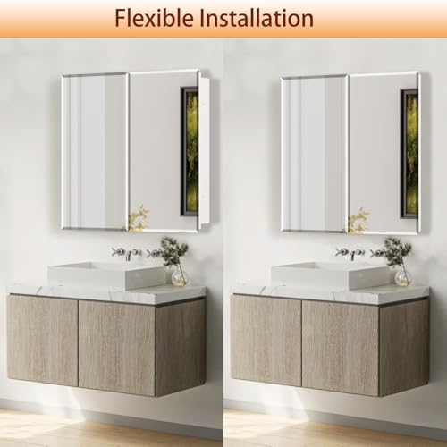 Medicine Cabinet with Mirror, 32x26 Inch Bathroom Mirrored Cabinet with Double Doors, Extra Storage Space, Bevel Mirror Wall Cabinet, Recessed or Surface Mount - style: CS5004A-3226