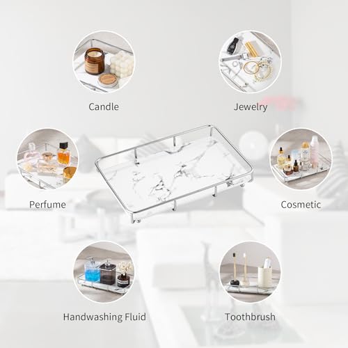 Dobbyby Vanity Tray Makeup Organizer Cosmetics Storage Bathroom Skincare Organizer Countertop Display Rack in Dresser Stainless Steel Shelf Marble Print Ceramic Trays - color: 1 Tier-sliver