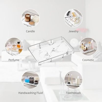 Dobbyby Vanity Tray Makeup Organizer Cosmetics Storage Bathroom Skincare Organizer Countertop Display Rack in Dresser Stainless Steel Shelf Marble Print Ceramic Trays - color: 1 Tier-sliver