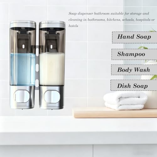 2-Chamber 10oz/300ML Silver Plastic Hand Wall Mounted Soap Dispensers | Refillable Shampoo Conditioner Shower Dispenser No Drill, Clear Manual Pump Dispenser for Bathroom Hotel Kitchen - color: 2-chamber Silver