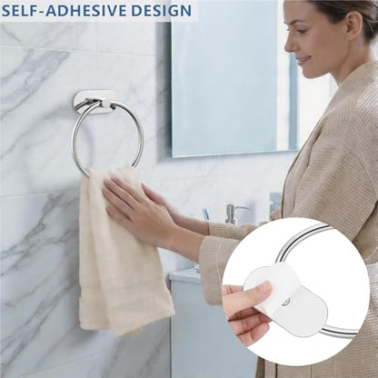 Self-Adhesive Towel Ring, No Drill Stainless Steel Round Hand Towel Holder, Rustproof Waterproof Towel Hanger with Strong Sticky Base, Modern Wall-Mounted Towel Loop for Bathroom Kitchen (Chrome) - color: Chrome