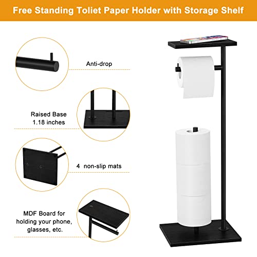 Toilet Paper Holder Free Standing Black Bathroom Toilet Paper Holder Stand with Storage Shelf, Freestanding Roll Tissue Holders Dispenser for Reserve Spare Mega Rolls - color: Black