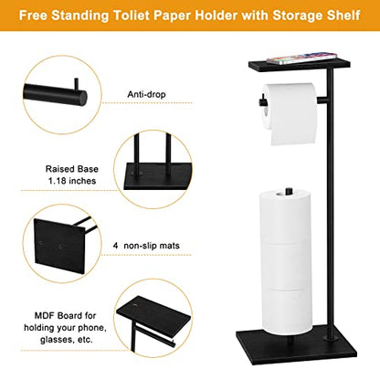 Toilet Paper Holder Free Standing Black Bathroom Toilet Paper Holder Stand with Storage Shelf, Freestanding Roll Tissue Holders Dispenser for Reserve Spare Mega Rolls - color: Black