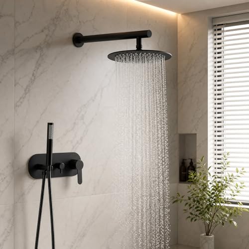 HUCKLE Shower Faucet Set, 10 Inch Rainfall Shower head With Handheld | Black Shower Head and Handheld Set, Single Handle Control, Shower System, Wall Mount, Included Brass Valve and Trim kit