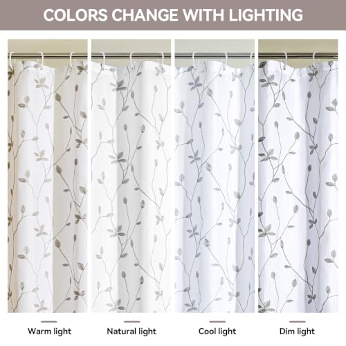 Embroidered Leaf Farmhouse Shower Curtain,Faux Linen,72Wx72L,White Grey | Boho Modern Shower Curtain Set, Washable & Waterproof Fabric, Floral Shower Curtains for Bathroom with Hooks - color: White Grey
