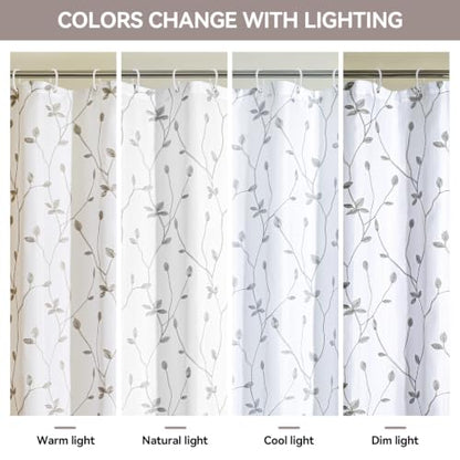Embroidered Leaf Farmhouse Shower Curtain,Faux Linen,72Wx72L,White Grey | Boho Modern Shower Curtain Set, Washable & Waterproof Fabric, Floral Shower Curtains for Bathroom with Hooks - color: White Grey