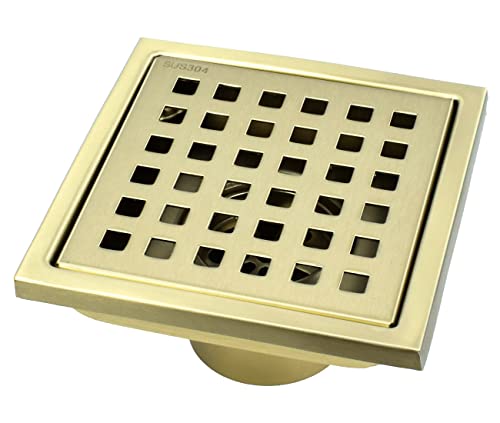 4 inch Square Shower Drain with Removable Cover Grid Grate,SUS 304 Stainless Steel Tile in Floor Drain,Brushed Gold - color: Brushed Gold (Without Drain Base/Adapter)