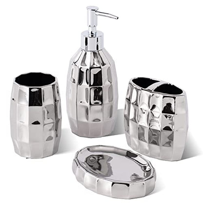 Silver Bathroom Accessory Set, Mosaic Ceramic Bathroom Accessories Set Include Lotion Dispenser, Toothbrush Holder Tumbler, and Soap Dish - color: Silver 015