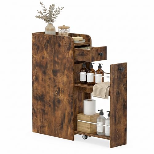 COSTWAY Slim Bathroom Cabinet, Freestanding Narrow Organizer, Rustic Brown | 7" Wide Space-Saving Storage with 2-Tier Slide-Out Drawer, Shelf & Toilet Paper Holder, for Bathroom, Laundry & Small Spaces - color: Rustic Brown