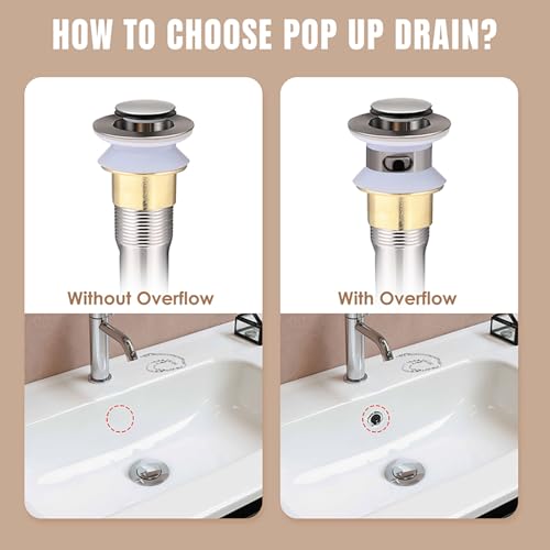 Bathroom Sink Pop Up Drain with Overflow, Stainless Steel Sink Drain Strainer with Built-in Anti-Clogging Strainer Basket, Sink Drain Stopper Fits Standard American Drain Hole