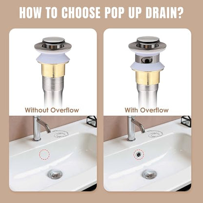 Bathroom Sink Pop Up Drain with Overflow, Stainless Steel Sink Drain Strainer with Built-in Anti-Clogging Strainer Basket, Sink Drain Stopper Fits Standard American Drain Hole