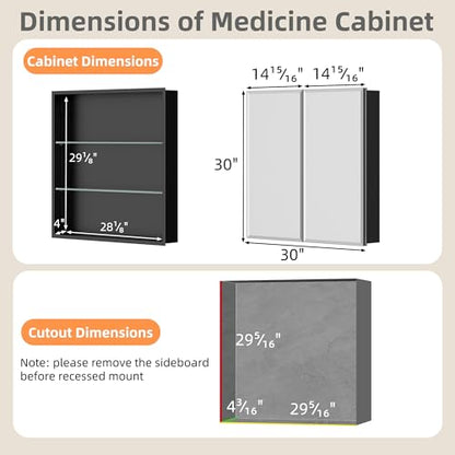 30x30 Inch Medicine Cabinet with Beveled Mirror, Aluminum Medicine Cabinet | Double Side Mirror Door, Adjustable Shelves, Soft-close Hinge, Surface or Recessed Mount Bathroom Mirrors with Storage - size: 30 in. x 30 in.