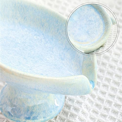 Ceramic Drain Soap Dish - Glacier Blue Leaf Self Draining Bar Soap Holder, Colorfast Stain Resistant Soap Saver for Bathroom & Kitchen, Shower, Sink, Easy Clean